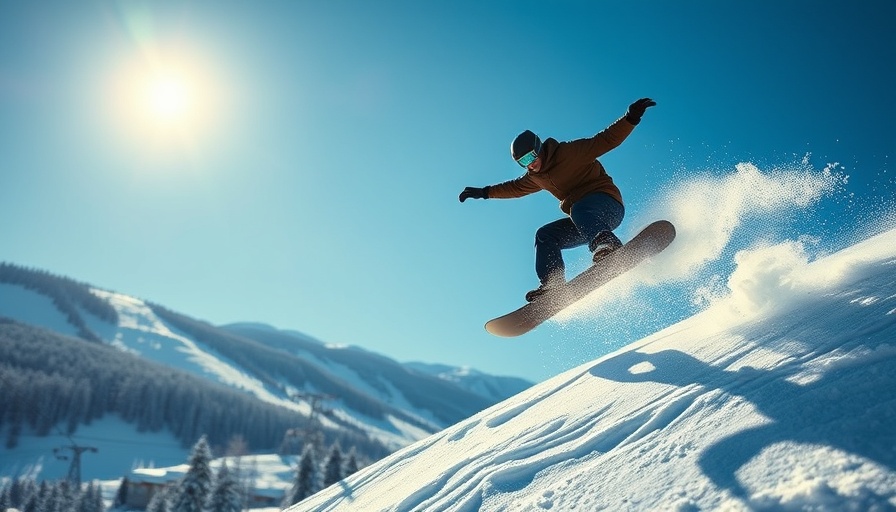 Snowboarder mid-jump against blue sky, snowboarding performance.