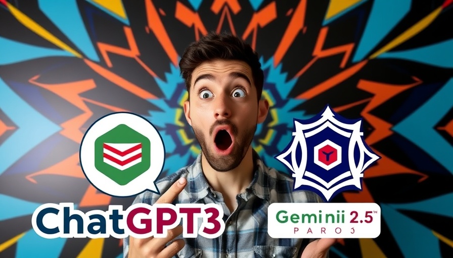 ChatGPT 3 vs Gemini 2.5 Pro, surprised man, vibrant poster.