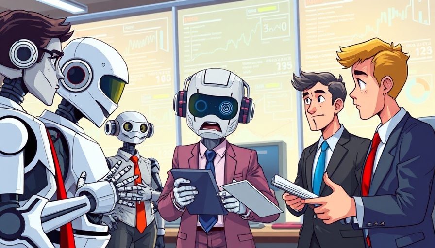 AI reviews cartoon of businesspeople and robots discussing mistakes.