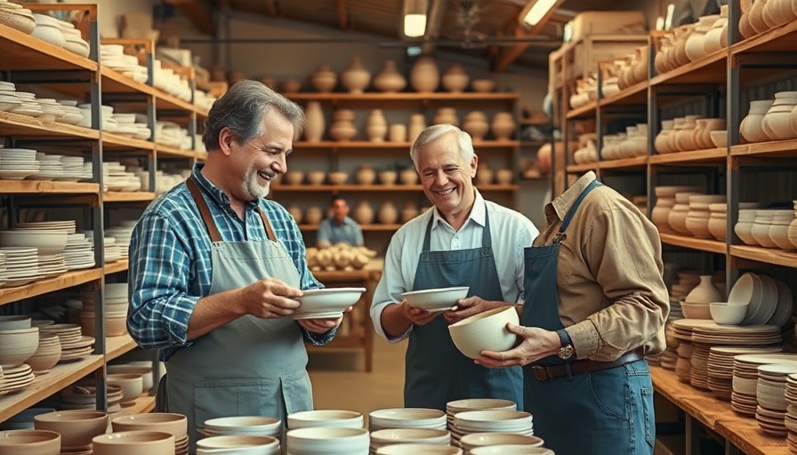 Artisans in pottery workshop examining ceramics; manufacturing loans focus.
