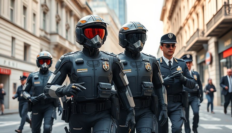AI marketing software concept: futuristic robotic officer with team.