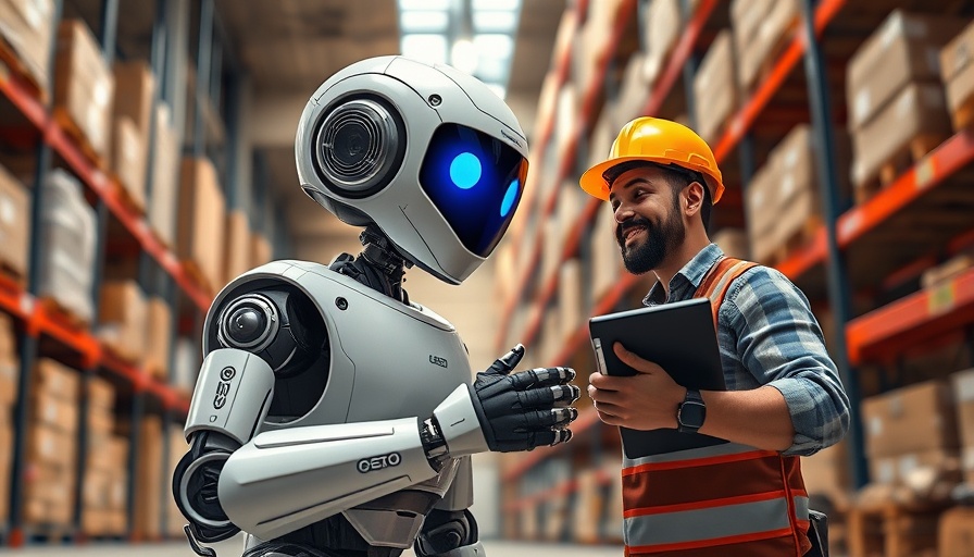 Dynamic warehouse scene of AI voice agents for business improvement guiding worker.