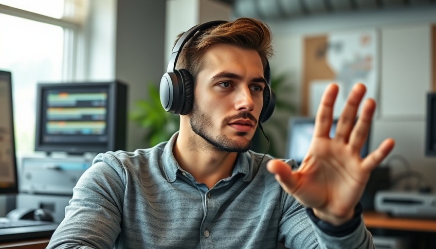 AI Video Generation scene with a man in headphones gesturing.