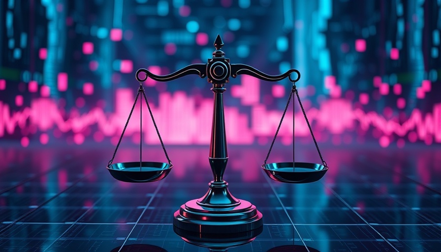 Futuristic digital scales of justice, glowing in a virtual environment