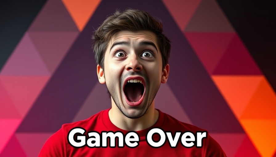 Excited man with 'Game Over' text and geometric background.