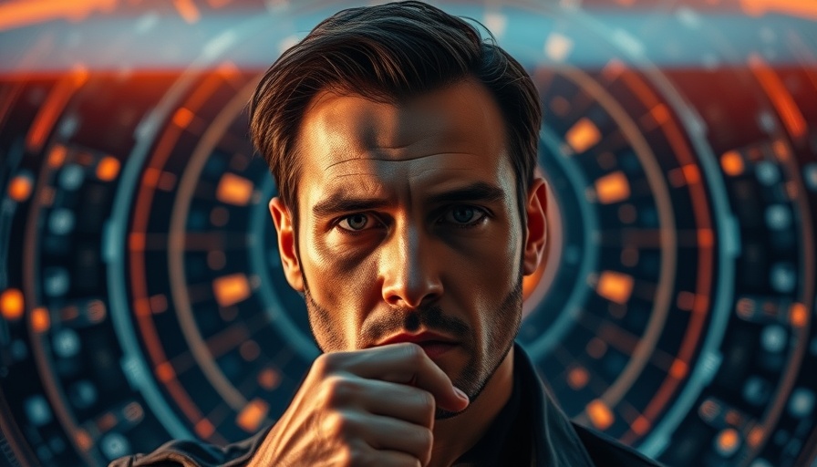 Focused man in futuristic setting, holding head.