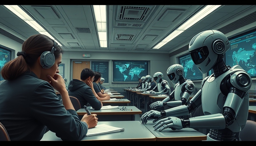 AI reviews theme: robots and students in futuristic classroom.