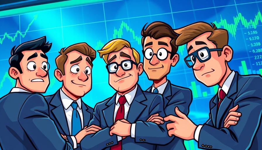 Illustrative cartoon scene discussing AI models with businessmen and graphs.