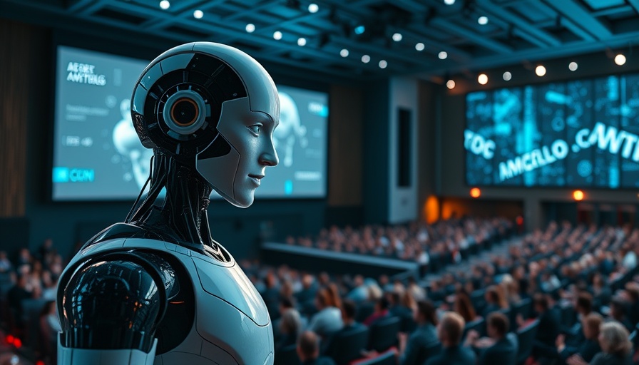 AI marketing software presentation with futuristic robot on screen.