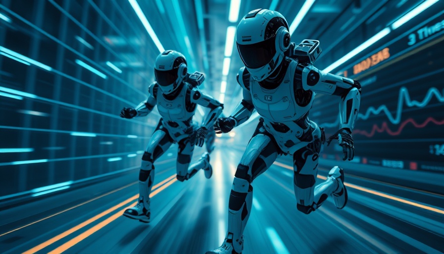 Futuristic robots accelerating on a digital grid with performance chart.