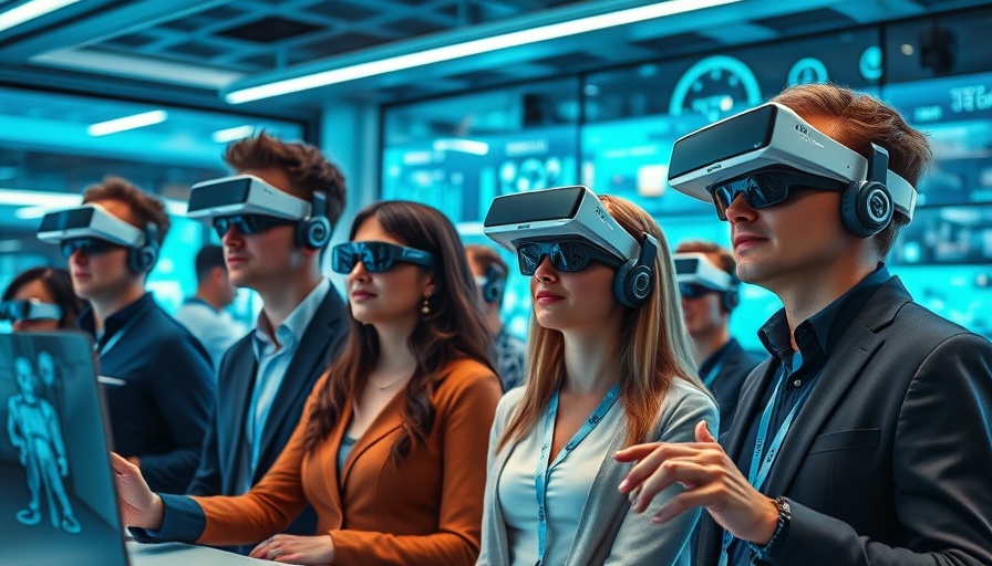 Futuristic office with AI reviews on virtual screens.