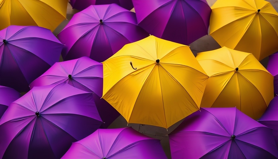 Distinctive yellow umbrella among purple ones, symbolizing EU AI Act insurance.