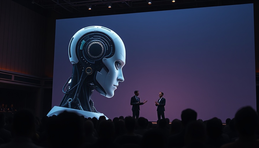 Futuristic AI marketing software presentation at tech conference.
