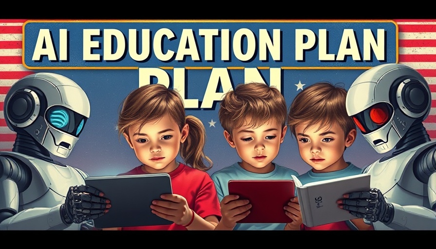 Retro poster depicting AI education plan with kids and robots.