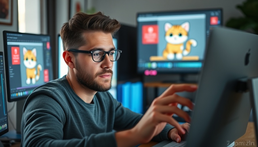 Graphic designer AI agent using tool for editing in home office.
