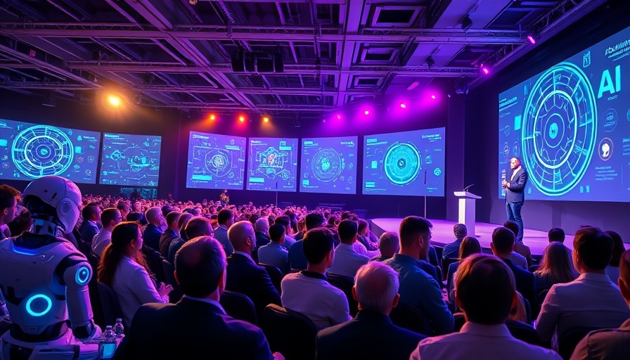 Futuristic AI conference with speakers and robots on stage.