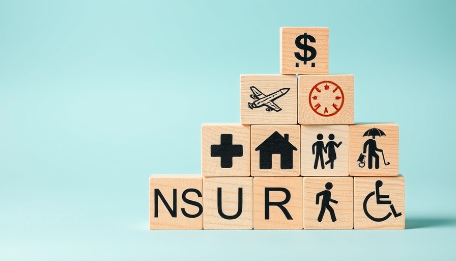 Insurance icons on wooden blocks symbolize AI learning in a pyramid.