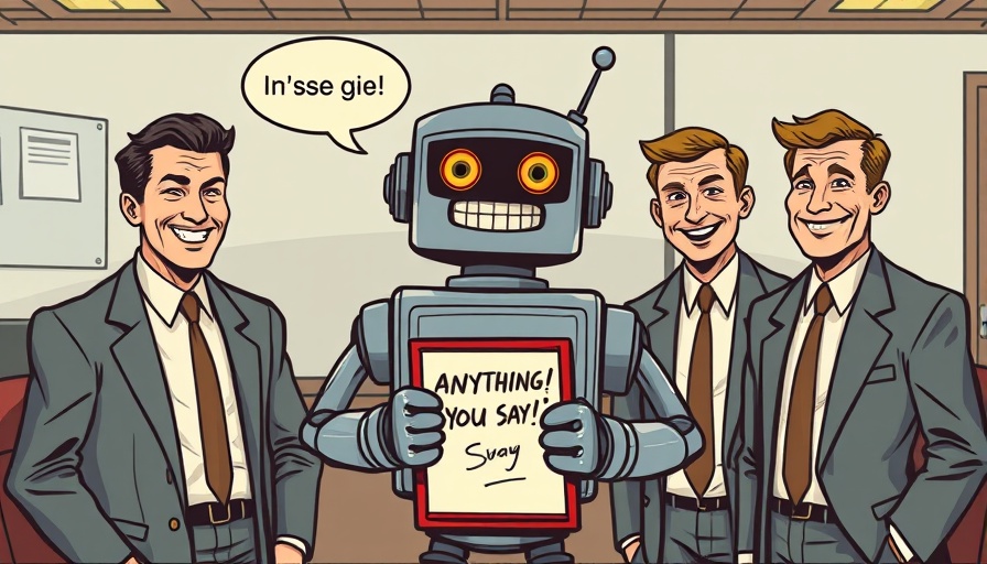 Retro robot holding clipboard, addressing businessmen, illustrating GPT-4 Sycophancy Problem.