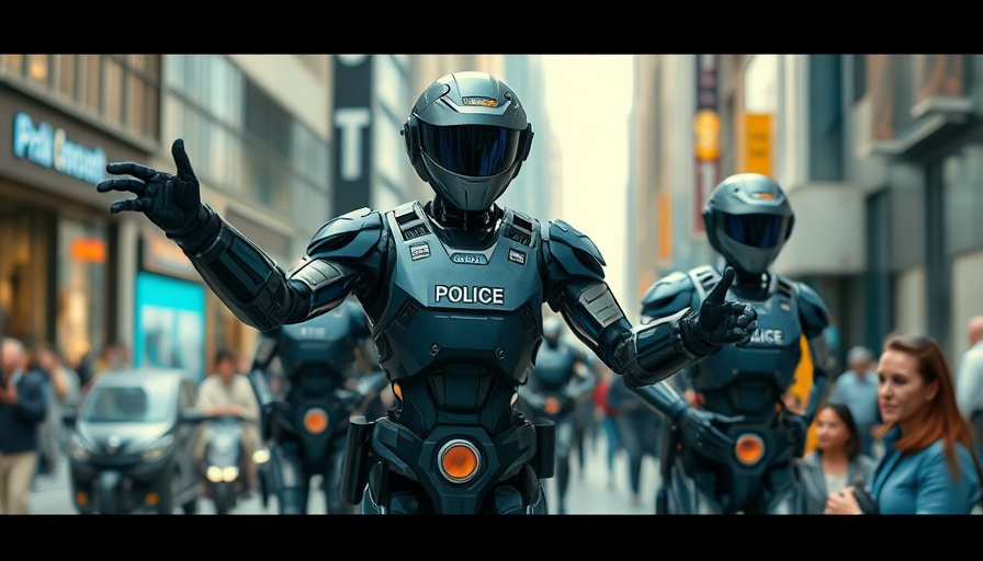 Robotic police officers patrolling city street
