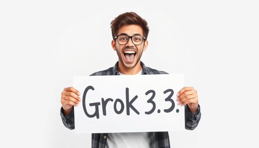 Man excitedly holds Grok 3.5 update sign in bright setting.