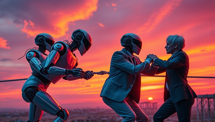 Futuristic robots versus humans in a tug-of-war, symbolizing open source AI performance tension.