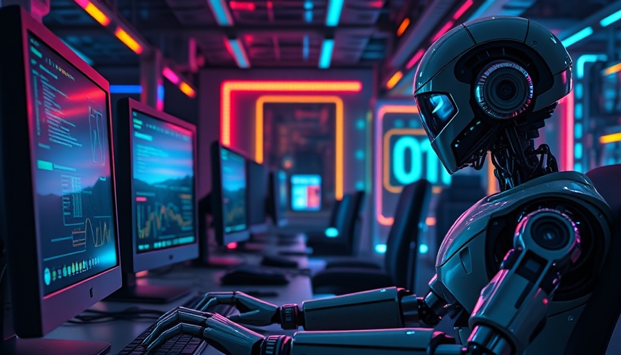 AI coding in big tech illustrated by robots programming in a neon-lit environment