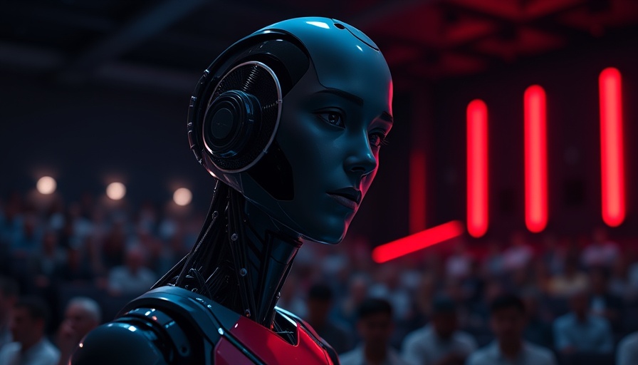 Futuristic AI presenting at a tech conference showcasing ai marketing software.