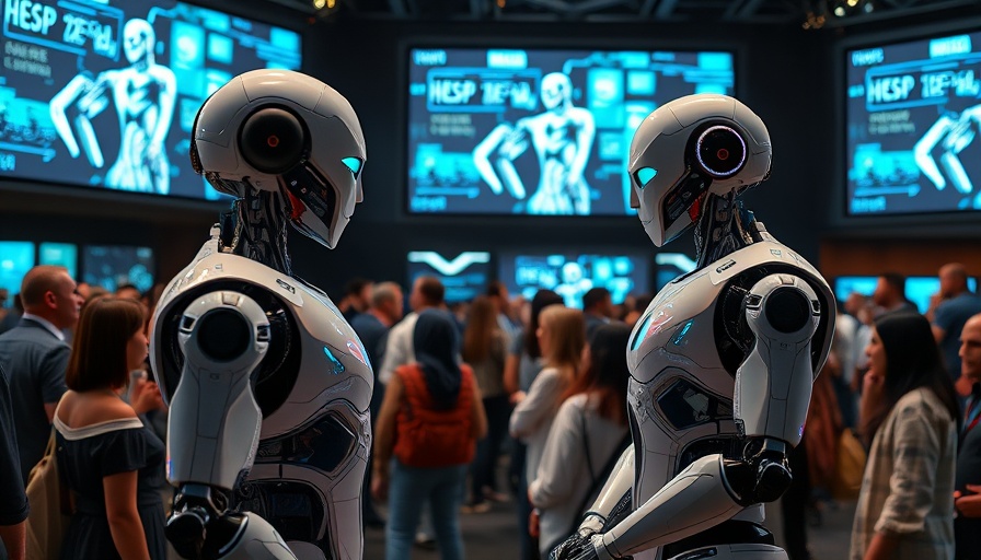 Futuristic robots displayed at an exhibition on AI Marketing Software.