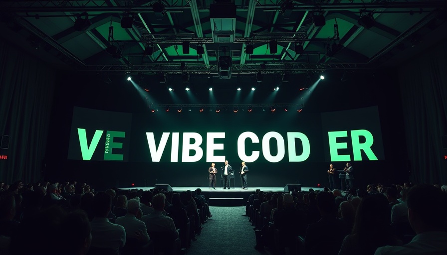 Large event stage with people and VIBE CODER display.