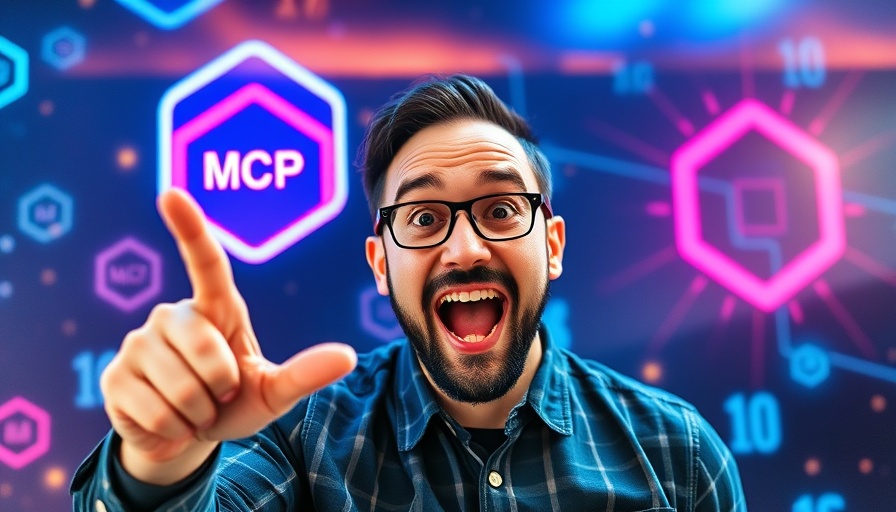 Enthusiastic man highlights MCP update with digital backdrop