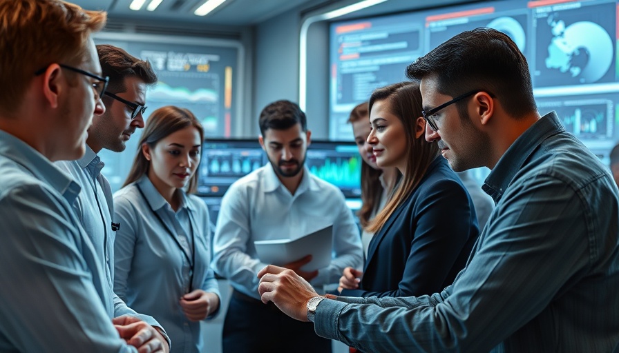 Professionals analyzing digital data visualizations in a futuristic room.