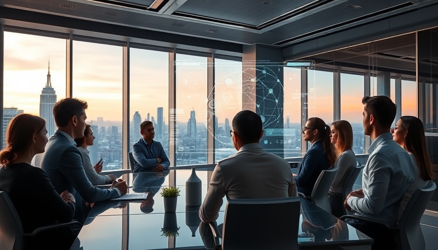 Corporate meeting on lessons for enterprise AI, futuristic setting.