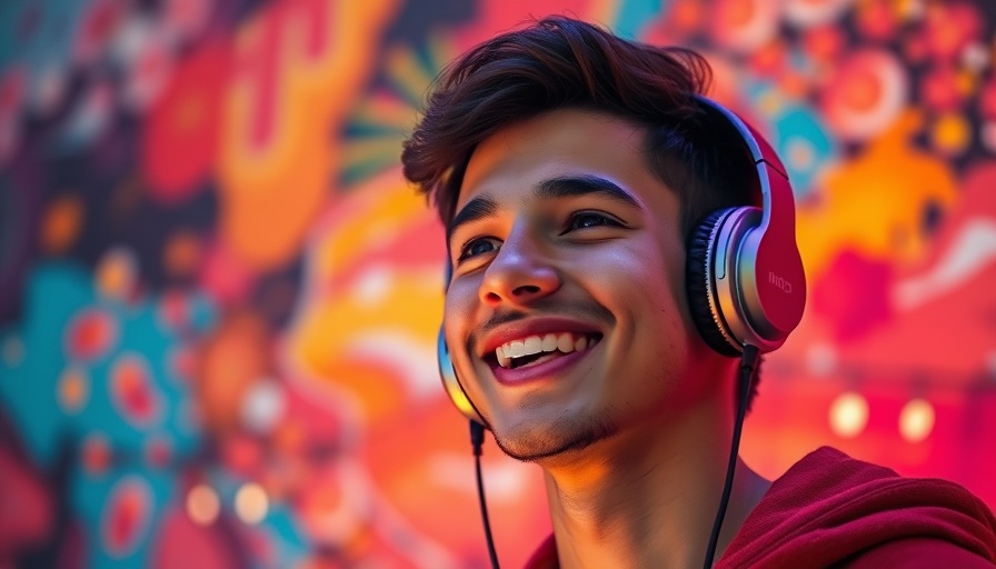 Young man enjoying AI music generation, wearing headphones, colorful background.