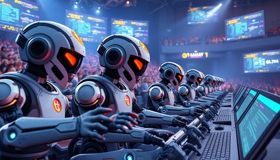 AI coding tools competition with futuristic robots in a vibrant arena.