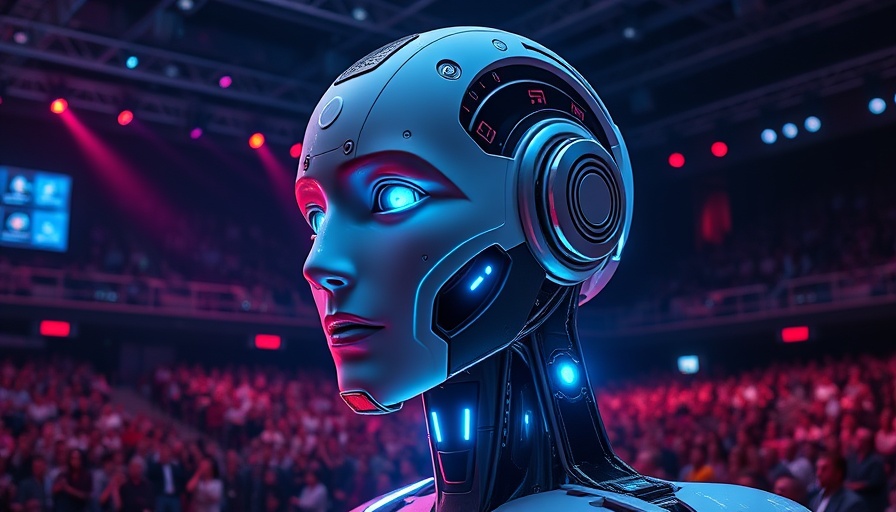 Futuristic robot head at digital marketing software presentation.