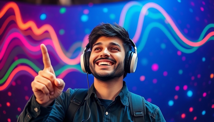 Open source AI music generator concept with vibrant wave background.