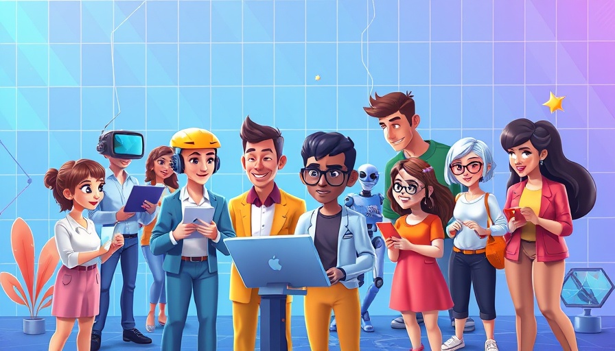 AI reviews cartoon illustration with diverse characters interacting with technology.