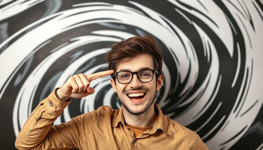 Enthusiastic man pointing to head over swirling pattern for Firebase Studio Update.