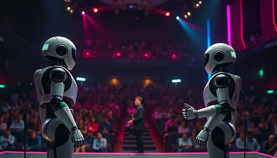 Futuristic presentation with robots discussing AI marketing software.