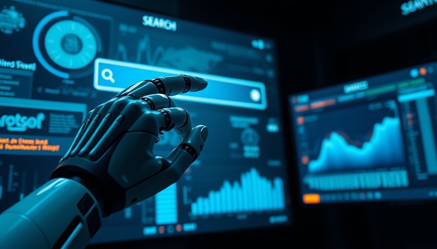 AI search impact on business: robotic hand with digital interface.