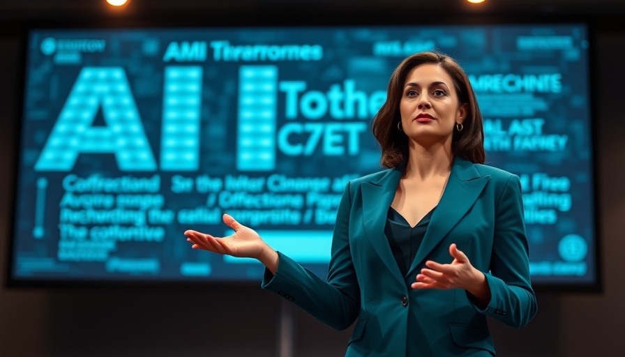 AI learning presentation by woman in teal suit on stage.
