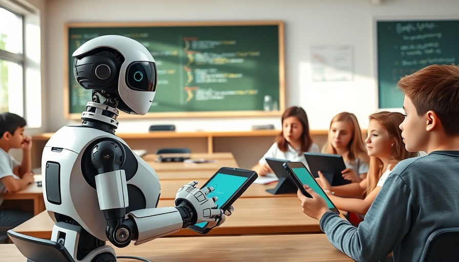 AI education transformation in a futuristic classroom scene.