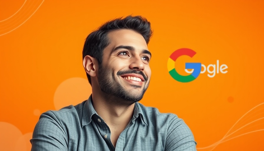 Confident man smiling with Google logo in vibrant background.