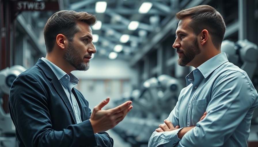 Two professionals discussing AI learning in a robotics lab.
