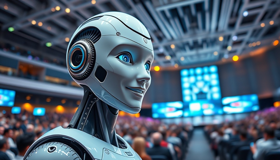 Futuristic AI robot introduced at tech conference with audience.