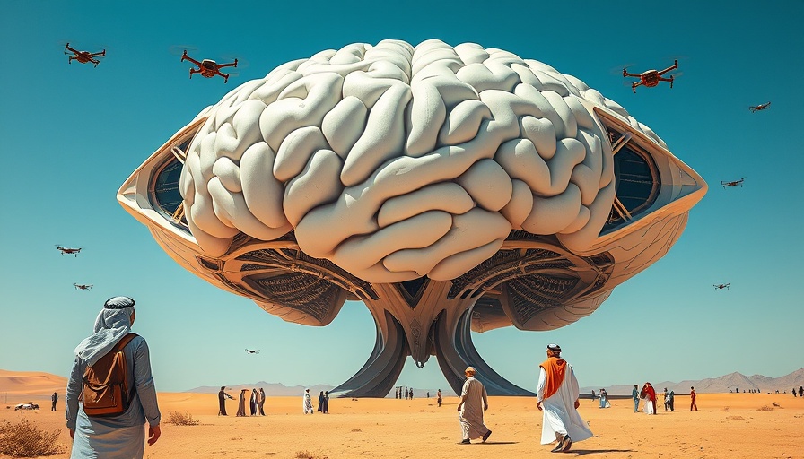AI diplomacy in the Middle East: Futuristic brain structure and drones.