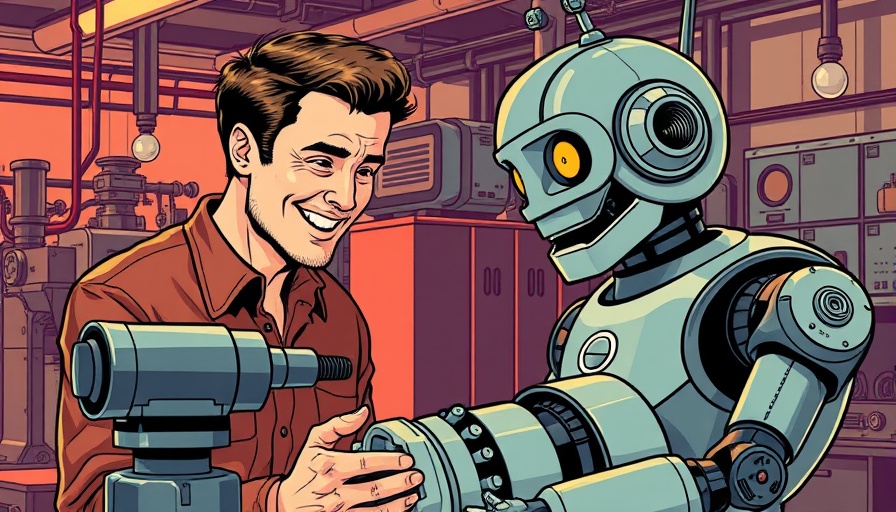 AI reviews illustration; human and robot collaborating on a device.
