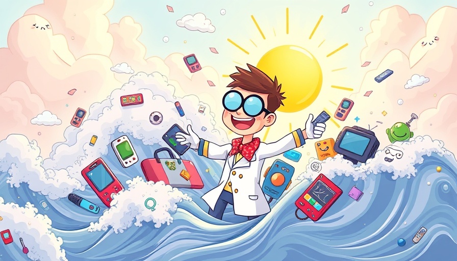 AI reviews cartoon wave with joyful scientist and gadgets.