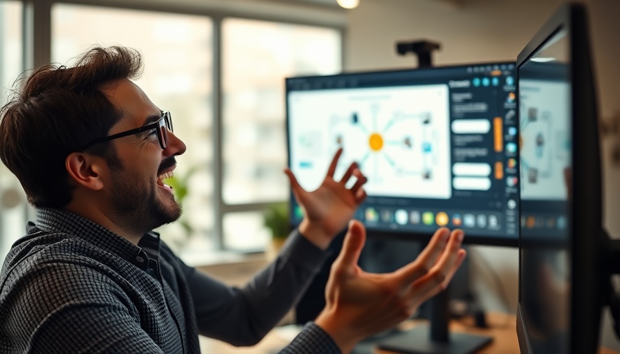 Enthusiastic person discussing AI-powered scraping tools in office.