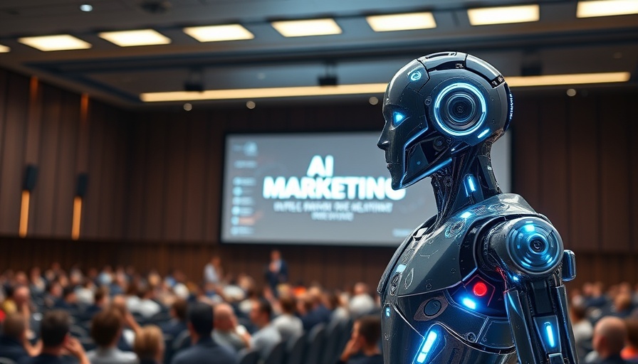 AI marketing software presentation with humanoid robot and audience.